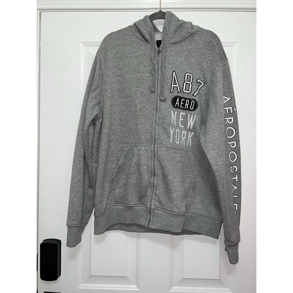 Aeropostale Full Zip Up Hoodie Men's Large Gray Chenille Letters Pockets